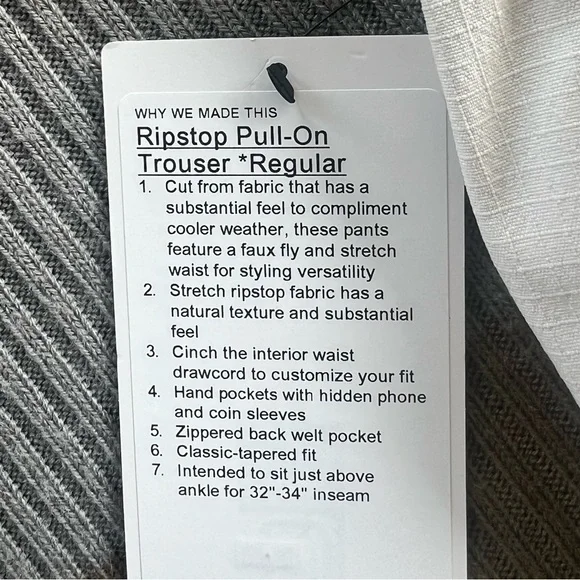 lululemon athletica Ripstop Men’s Cream Drawstring Textured Pants - Picture 2 of 3